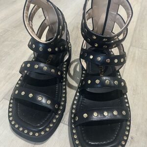 Stuart Weitzman Black and Beige Sandals with Gold Studs